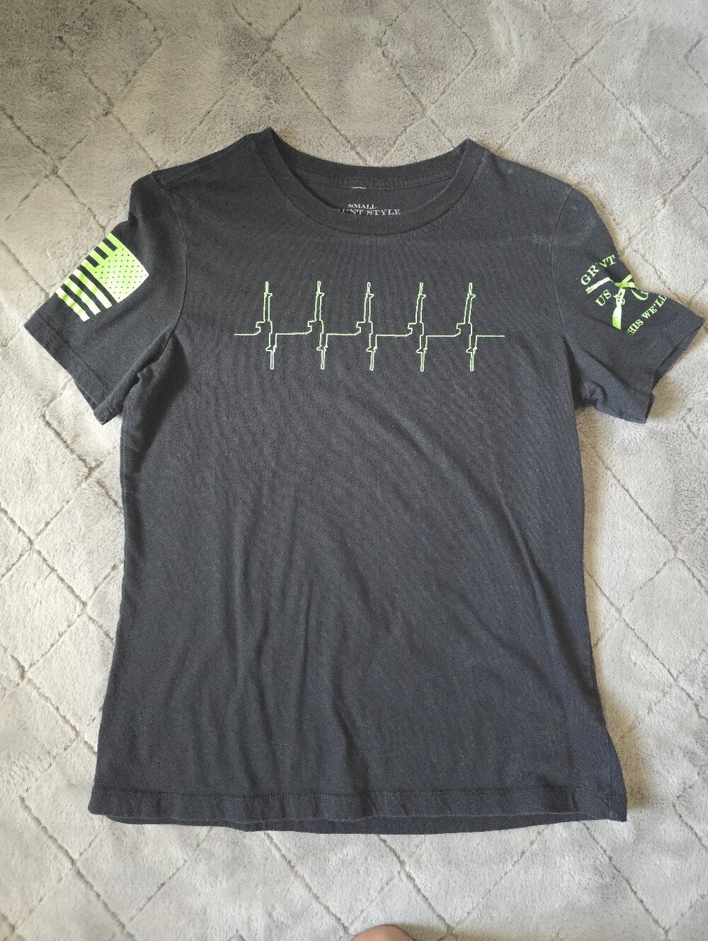 Grunt Style Black Short Sleeve Tee with Neon Green Rifle Heartbeat Graphic